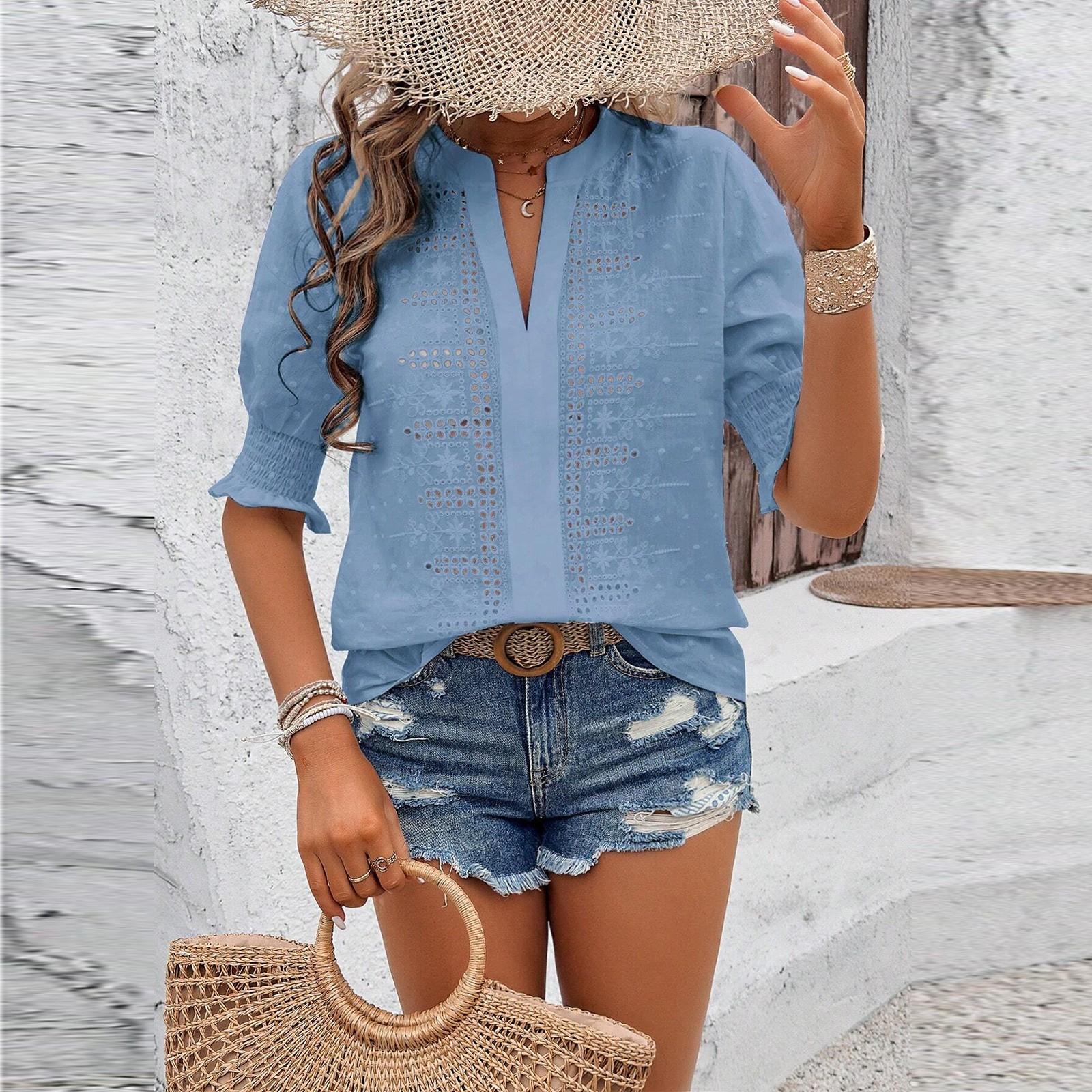 

Женская повседневная однотонная футболка с V-образным вырезом, рукавами-буфами, рукавами средней длины и ажурной вставкой M