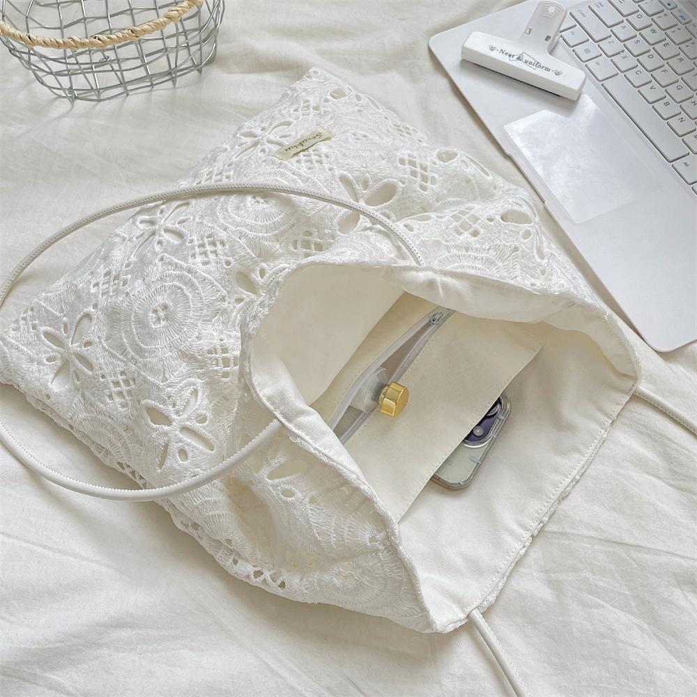 Solid Color Ladies Lace Hollow Embroidery Shoulder Bag Large Capacity Portable Female Vest Shopping Bag Women's Casual Handbags