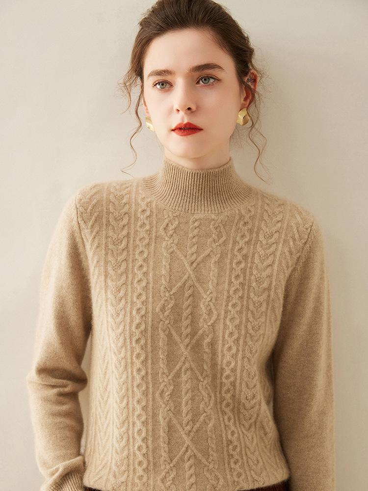 Women's High Neck Cashmere Pullover - Long Sleeve Solid Color with Diamond Cable Knit Pattern for Fall and Winter