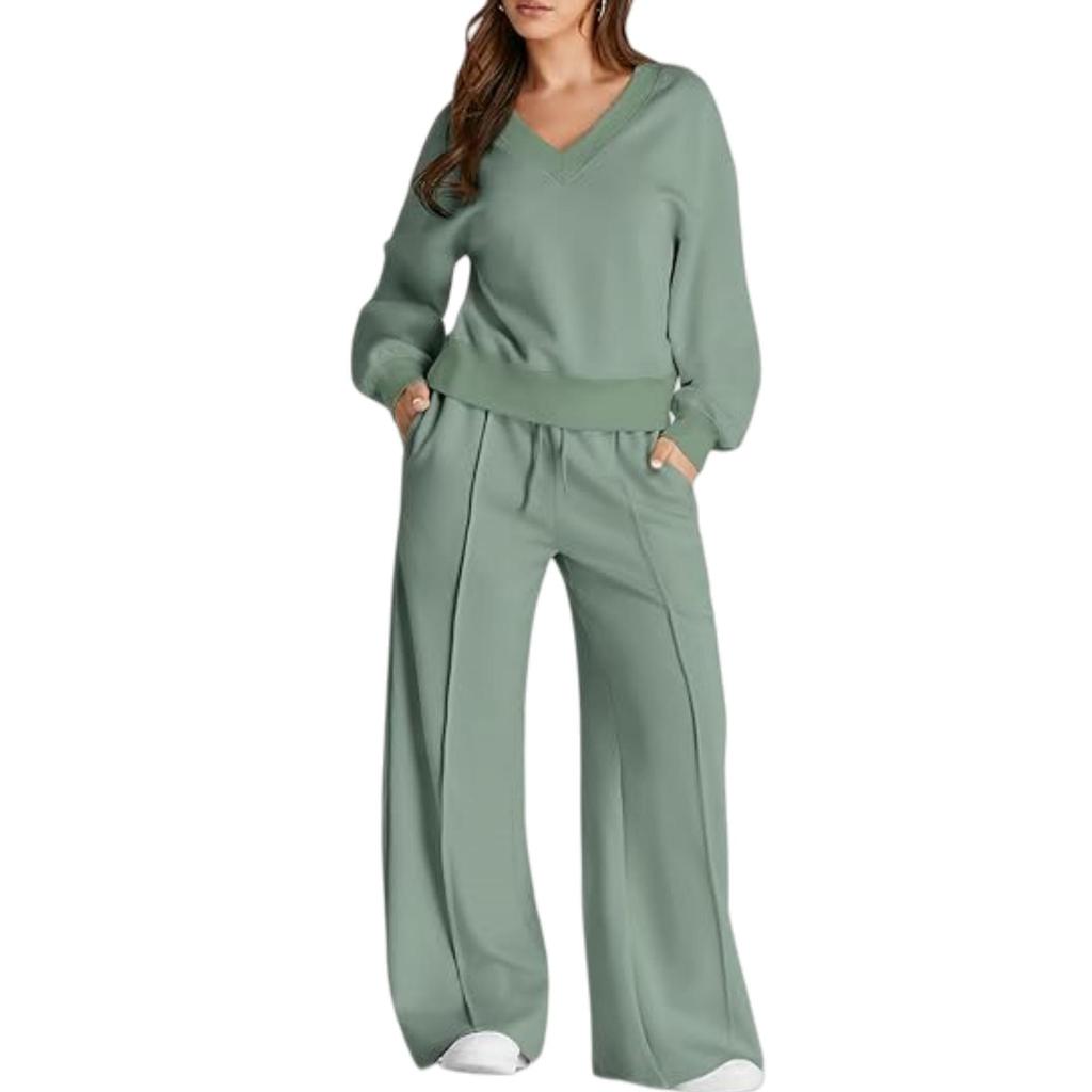 2025 Women's V-Neck Solid Color Casual Suit Set: Sweatshirt & Long Pants - European & American Autumn/Winter Fashion
