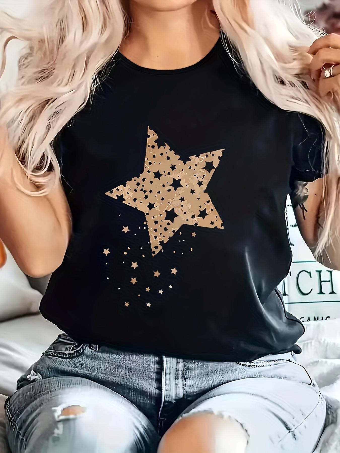

Women s Plus Size Casual Sporty T-Shirt, Star Y2K Style Print, Comfort Fit Short Sleeve Tee, Fashion Breathable Casual Top S разноцветный