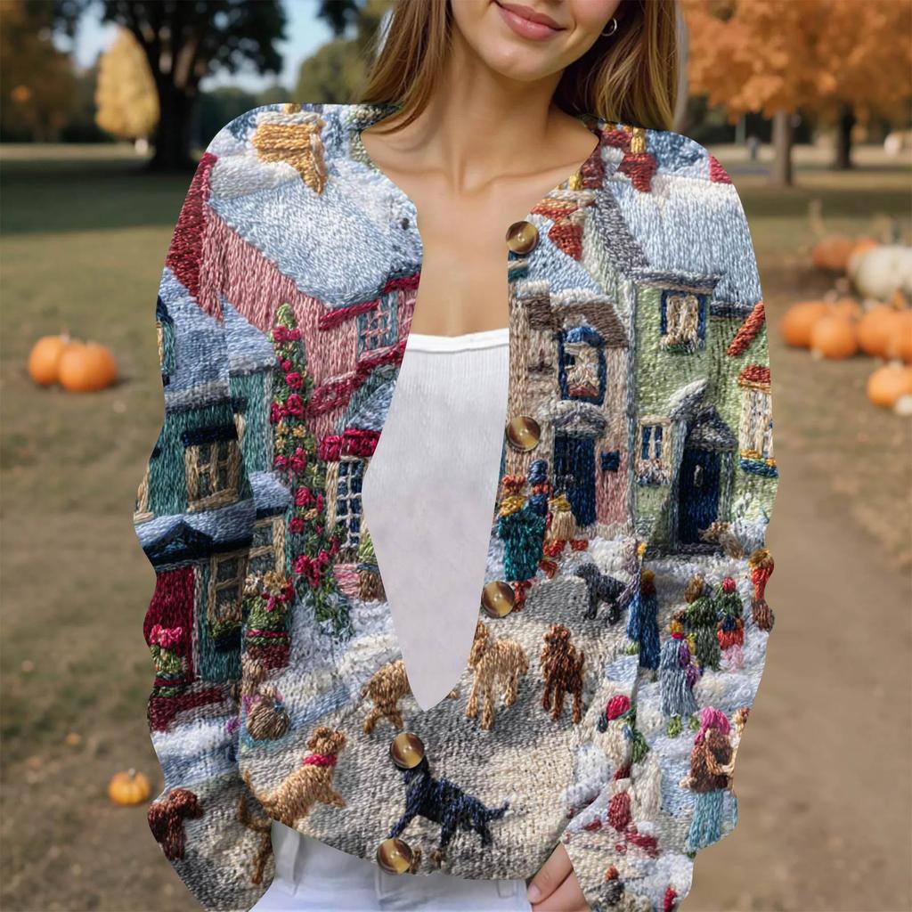 Dámská módní pletená svetrová bunda s dlouhým rukávem a zapínáním na knoflíky