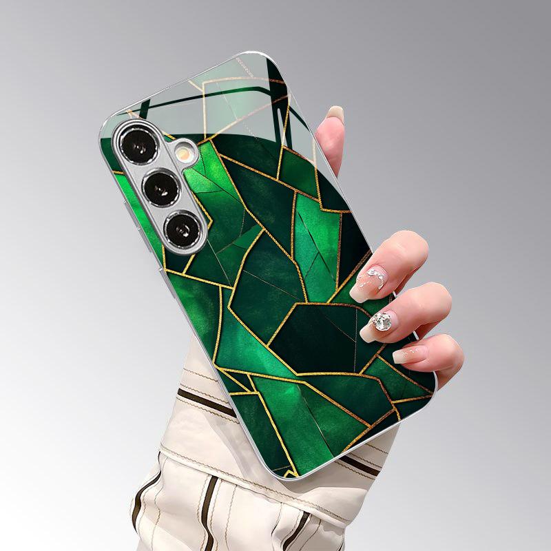 Green Gold Crack Pattern 2D Phone Case for Samsung S26 S25 S24 S23 S22 S21 S20 A56 A36 A16 Electroplated Glass Protective Cover