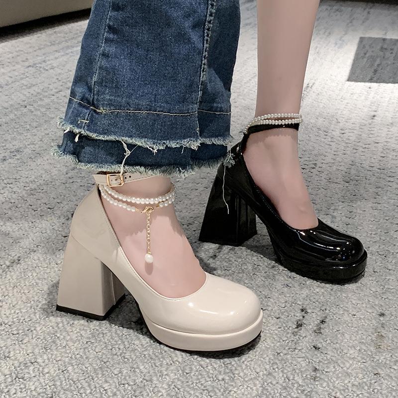 Retro Mary Jane Shoes Women's Summer New High Heels White Pearl Thick Heel Platform Gentle Small Leather Shoes