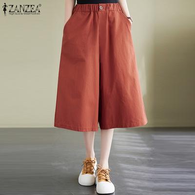 Women's Summer Casual Elastic Waist Decorative Button Pockets Solid Color Loose Wide Leg Cropped Pants