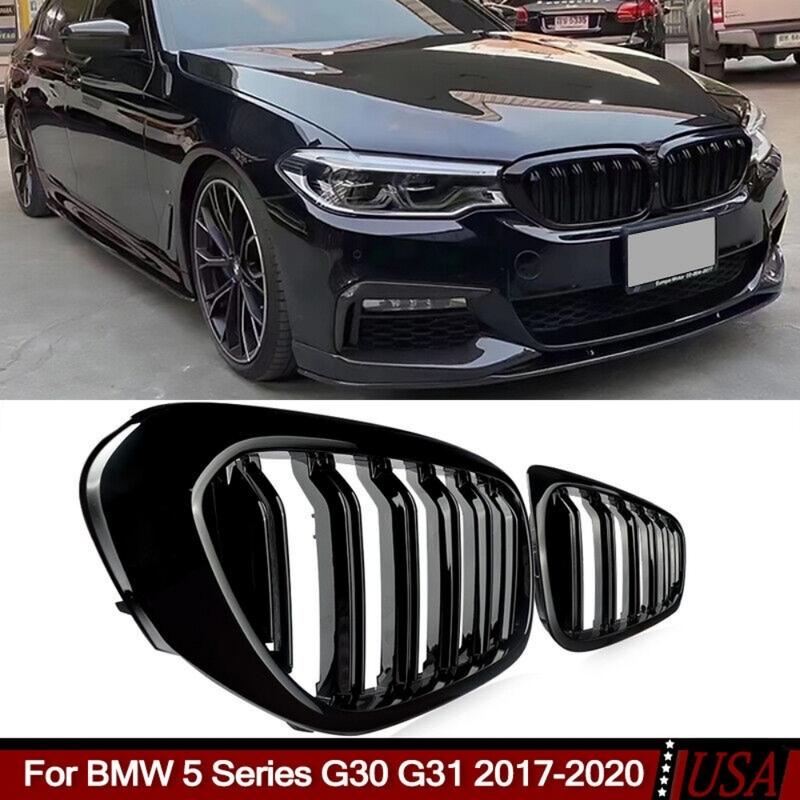 Car Front Bumper Racing Grille For BMW 5 Series G30 G31 520i 530i 540i M5 2017- Double Slat Kidney Grill Glossy Black Grille