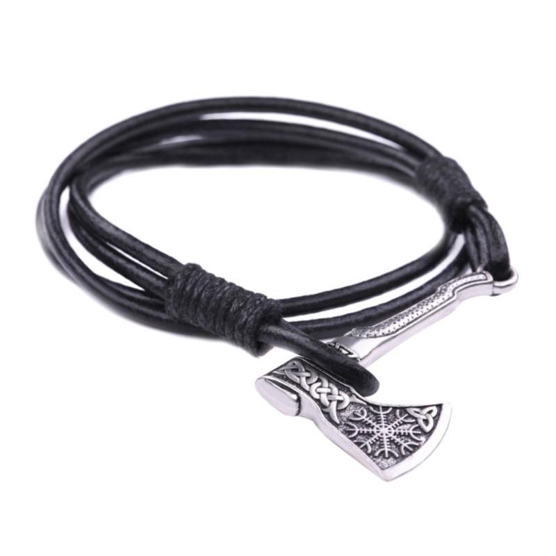 

Men s Leather Bracelet with Axes Pendant Symbolizing Strength and Courage Bangle Fashionable Jewelry for Trendsetters срібний