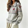 Fair Isle Knit Cardigan With Zipper Collar Loose Fit Winter Sweater Women