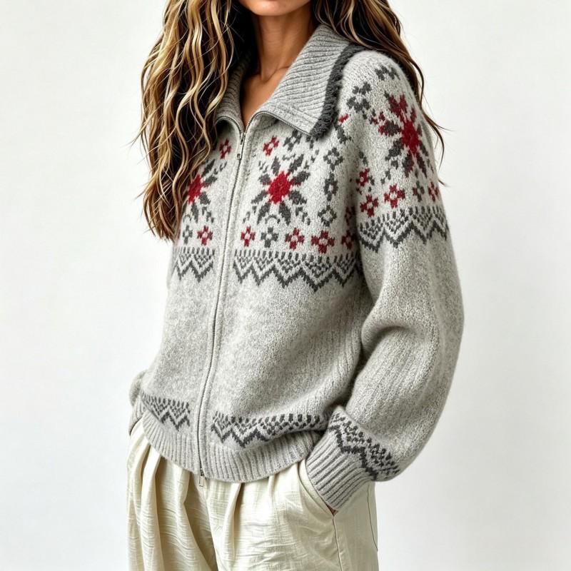 Fair Isle Knit Cardigan With Zipper Collar Loose Fit Winter Sweater Women