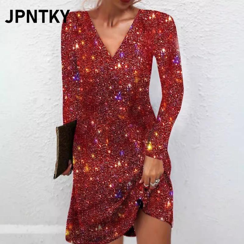 JPNTKY Fashion Autumn Winter Solid Color Print Long Sleeve V-Neck Casual Dresses International design