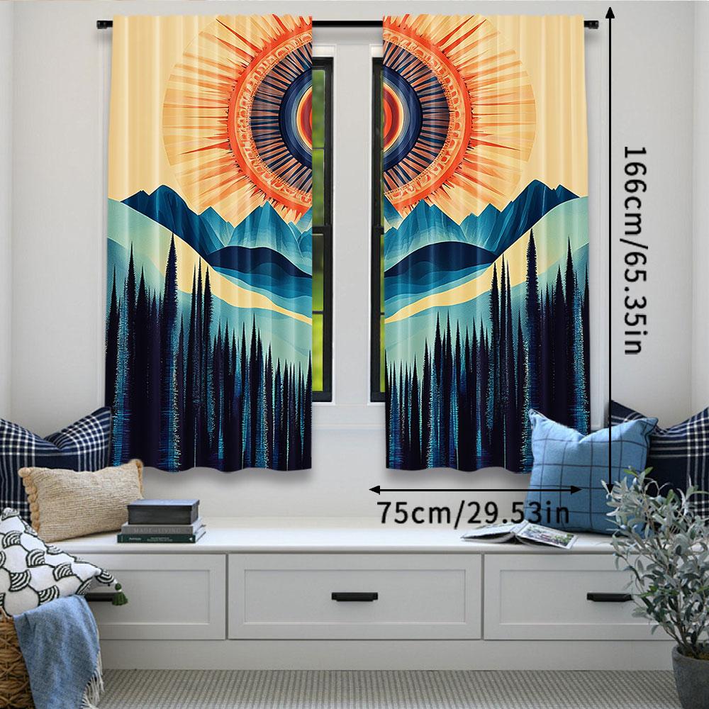 2Pcs Boho Curtain Mid Century Wilderness With Mountain Scenery Forest And Sun For Bedroom Living Room Dining Room And Bathroom A