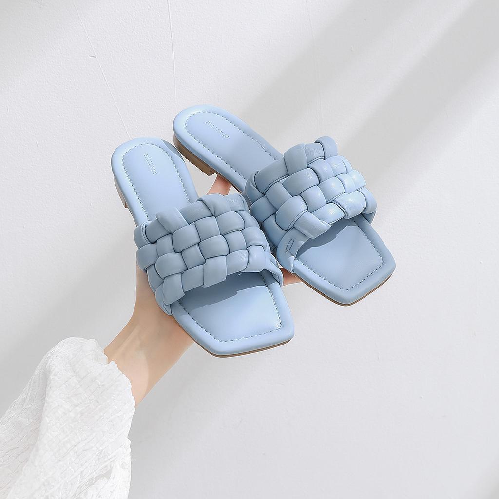 Sheepskin Version of Marshmallow Square Head Leather Woven Slippers for Women Wearing New Flat Bottom One Word Lazy Cool Slippers for Summer Women