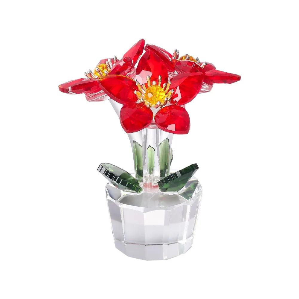 Handcraft Crystal Flower Statue Ornament Clear Base Artificial Flower Figurine Rose Tulip High Transparence