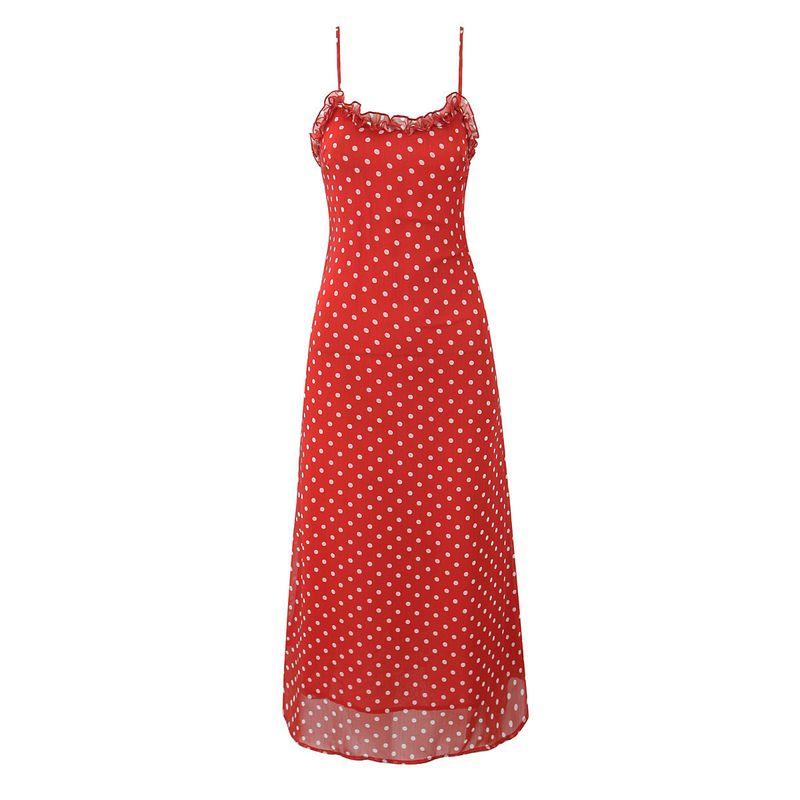 

Rouge Polka Dot Realisat French style Retro Sexy Charming Wooden Ear Seaside Vacation Long Sling Dress Rouge wave point L