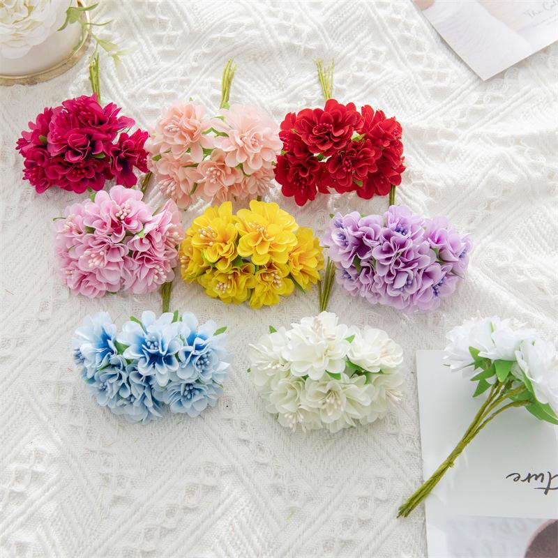 Mini Artificial Carnation Bouquet 6 Heads Handmade Silk Hydrangea Bouquet Realistic Diy Fake Plants Year'S Decor