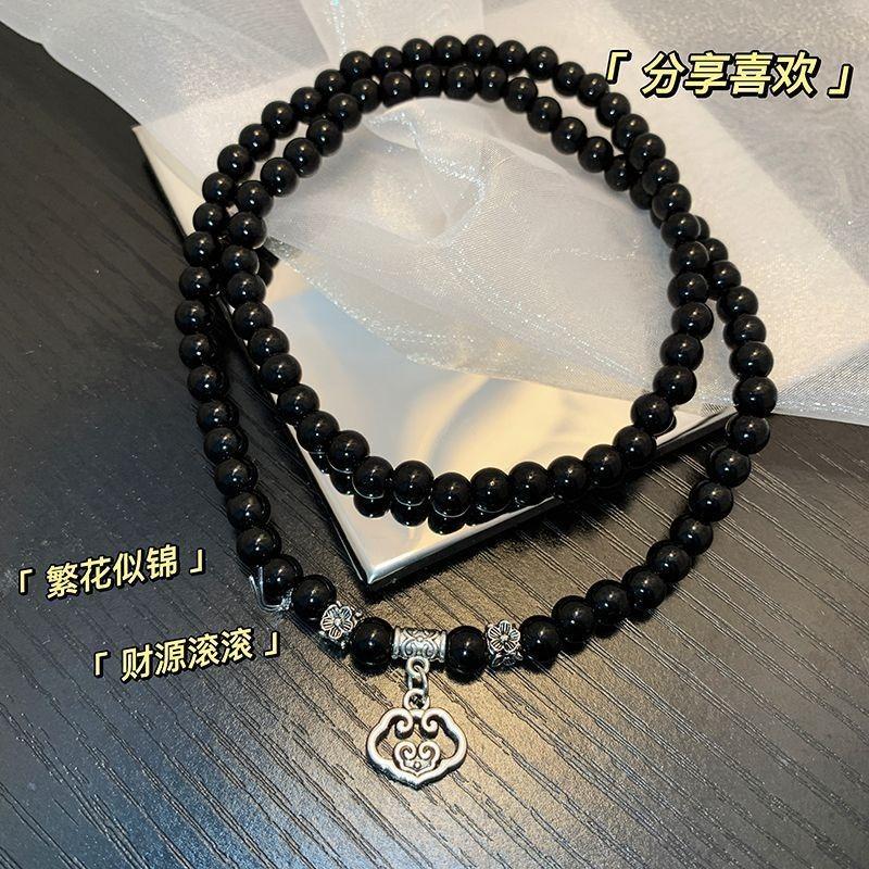Retro Lucky Multi-Circle Bracelet Women's Accessories Tibetan Silver Obsidian Bracelet Couple Jewelry