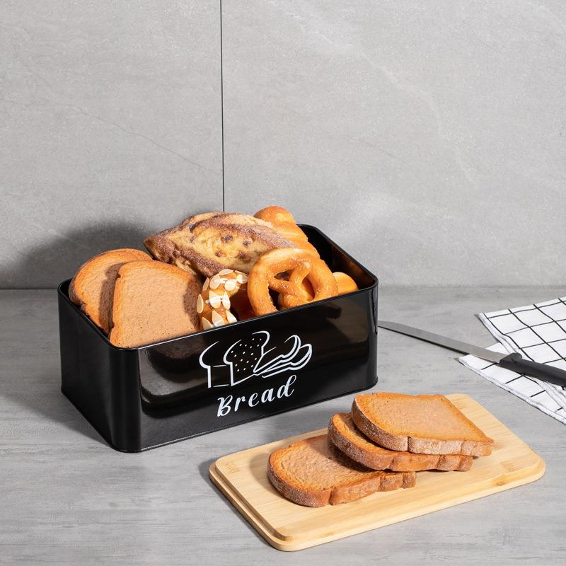 Einfache leichte schwarze Brotbox belüftet und atmungsaktiv Frischhaltendes Metall-Aufbewahrungsbehälter Küche rechteckig Bambusdeckel Brotbox