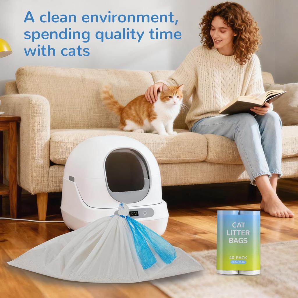 40 Pack Heavy-Duty Cat Litter Box Liners,For R4/3 and most Automatic Self-Cleaning Litter Boxes,Thick Leakproof Drawstring Cat Litter Bags (25.2" x