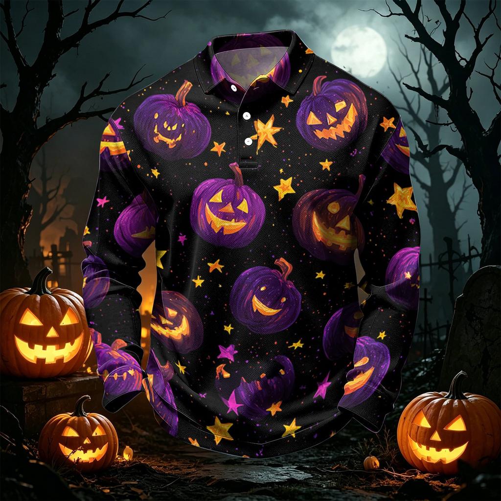 Men's Quick Dry Mesh Golf Shirt Long Sleeve Halloween Print Performance Top