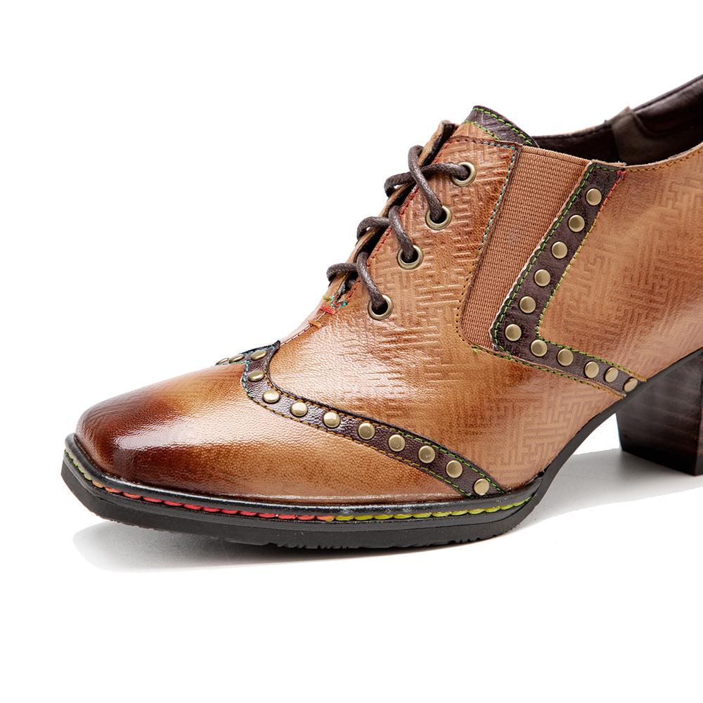Johnature Genuine Leather Women Pumps Hand Painted Vintage Square Toe Rivet Lace Up Thick Heel High Heels Shoes