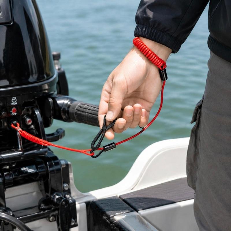 Outboard Boat Stop Cord Set with Stretch TPU Lanyard, 7 Key Clips and Hook Clip for Routine Engine Operation and Travel