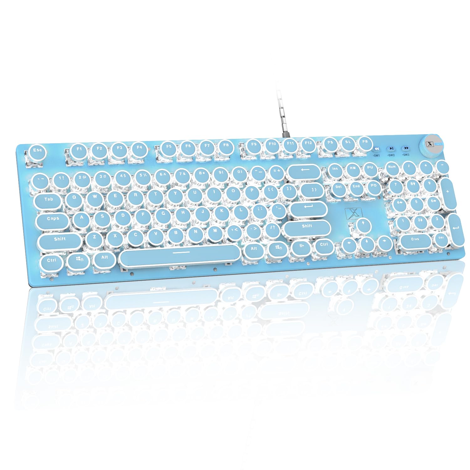 

ZIYOU LANG Wired Punk Keyboard with Mechanical Keyboard Knob Retro Round Keycap Typewriter Blue Axis 104 Keys Full Key White LED 25 Backlight Modes