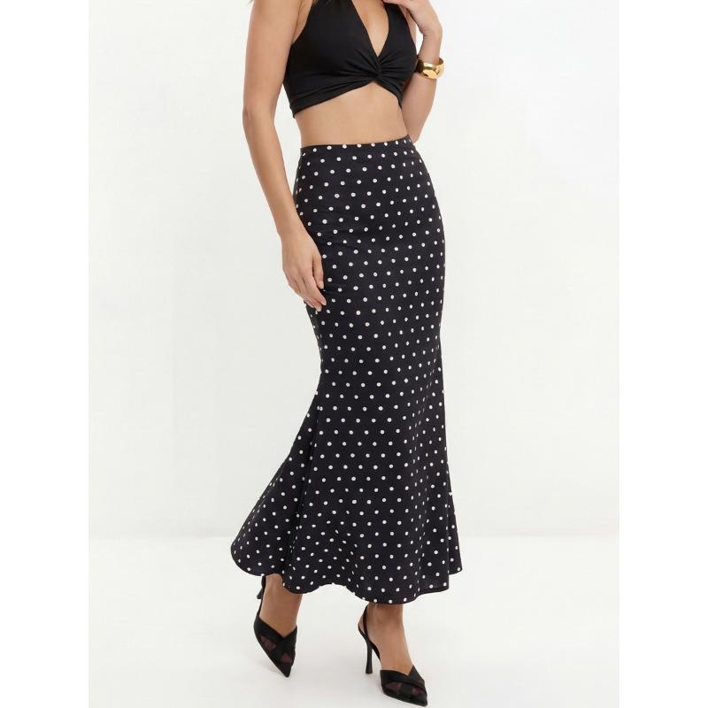 Women High Waist Polka Dot Mermaid Maxi Skirt Slim Fit Elegant Long Skirt