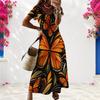 Women Plus Size V Neck Short Sleeve Butterfly Floral Printed Straight Maxi Dress