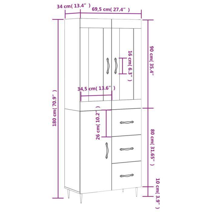 VidaXL Buffet haut Gris béton 69,5x34x180 cm Bois d'ingénierie 3198453