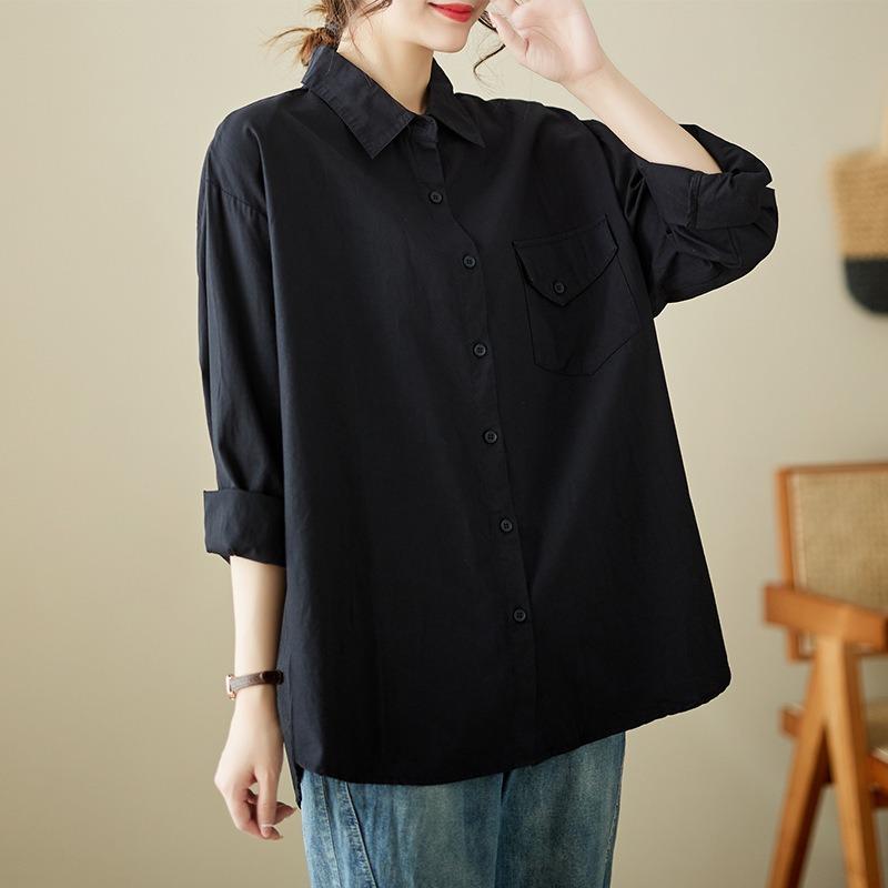 Long Sleeve Art Retro Washed Large Size Loose Blouses Skinny Lapel Collar Single Breasted Shirt Chest Pocket Top for Women