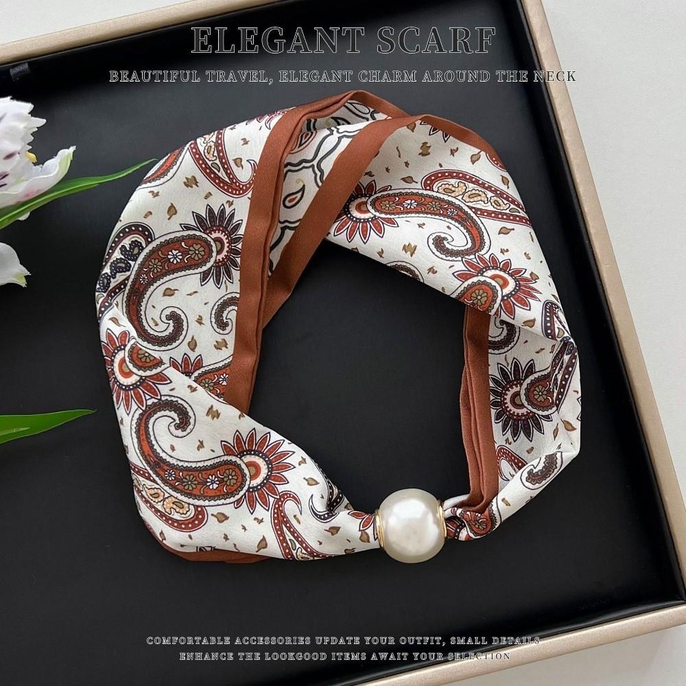 Thin Pearl Silk Scarf Magnetic Clasp Neck Wrap Fashion Neckerchief  for Women