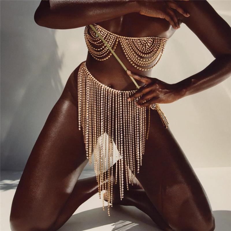 Luoyan Fashion Fine Bra Top and Long Fringed Skirt Crystals Rhinestone Gem Night Fire Lingerie Body Chains Gold Jewelry Set