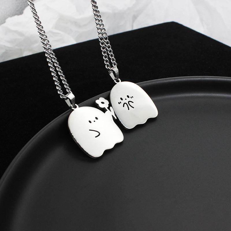 2PCS Stainless Steel Silver Color Ghost Cat Pendant Couple Necklace For Women Men Fashion Best Friend Clavicle Chain Necklaces