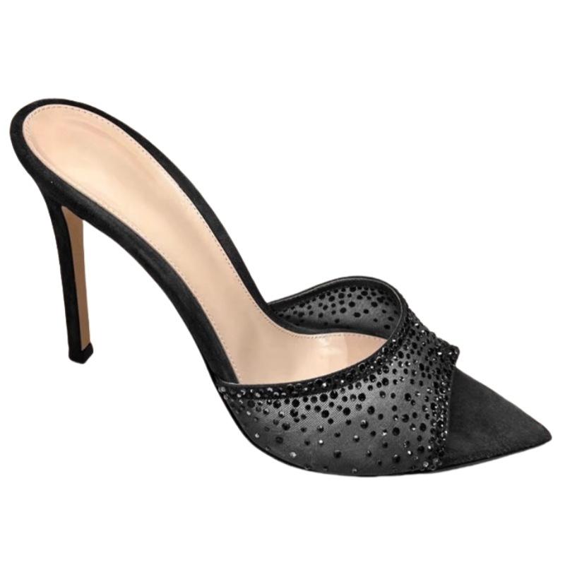 Open-toed pointed mesh rhinestone one-word drag women 2025 new summer wear temperament thin heels high heels cool slippers women