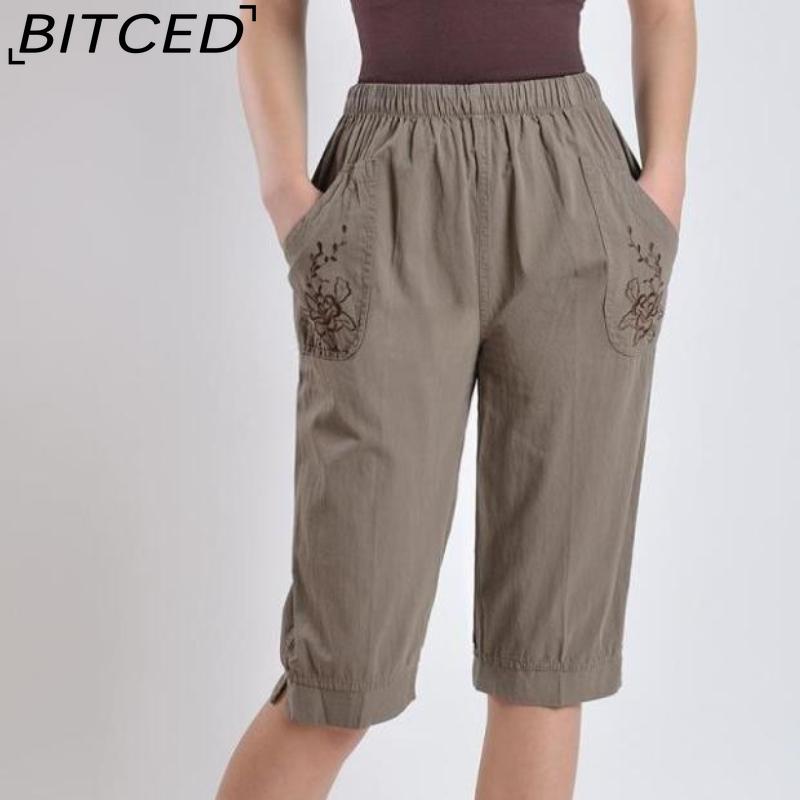 BITCED Summer Women Elastic Waist Straight Trousers Middle Age Older Women High Waist Straight Pants Washed Cotton Cropped Plus Size Pants