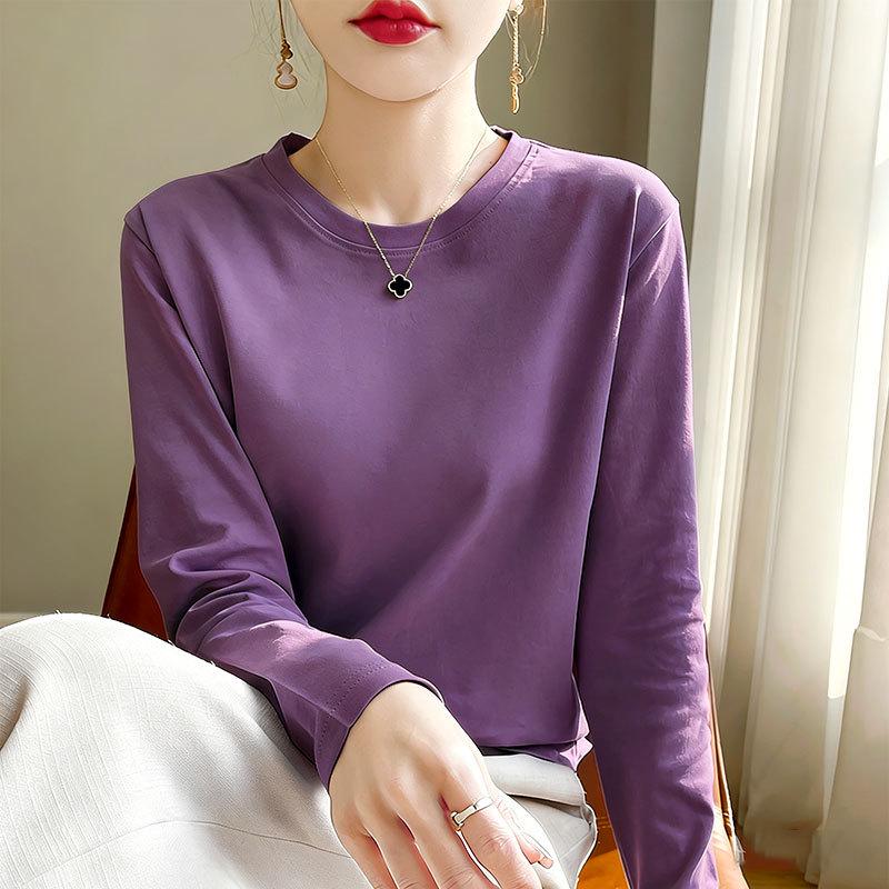 Women's Long-Sleeve Round Neck Loose Base Layer Top, Spring/Autumn Style, Dropped Shoulders, Solid Color