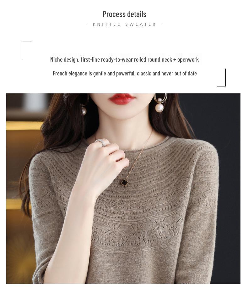 Women's Slim Fit Wool-Cashmere Sweater: Round Neck, Short Sleeve, Ideal for Autumn-Winter Layering