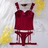 Set lenjerie intimă de damă 3 piese Sexy Push Up Sutien Plasă franceză Respirabil Topuri tip sling Burgundy Lenjerie intimă Sutiene și tanga cu bretele pe picior
