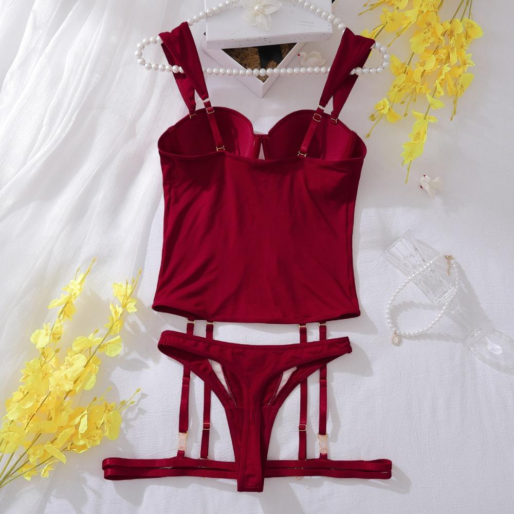 3pcs Women's Lingerie Set Sexy Push Up Bra French Mesh Breathable Sling Tops Burgundy Underwear Bras and Thong with Leg Straps