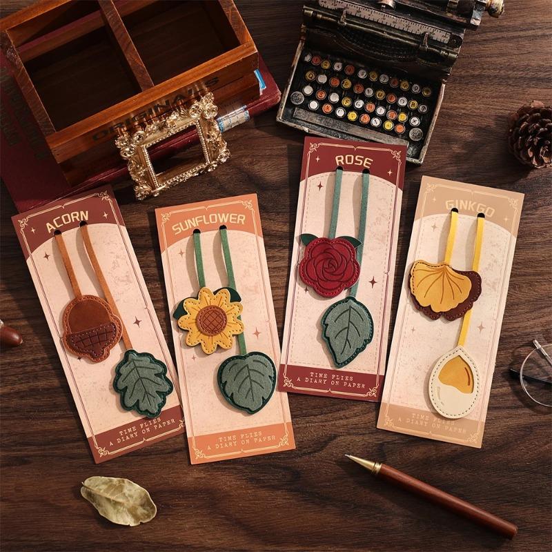 1 Piece Multi Functional Faux Leather Bookmark with Floral Patterns Page Number Marking Student Stationery Bookmarks