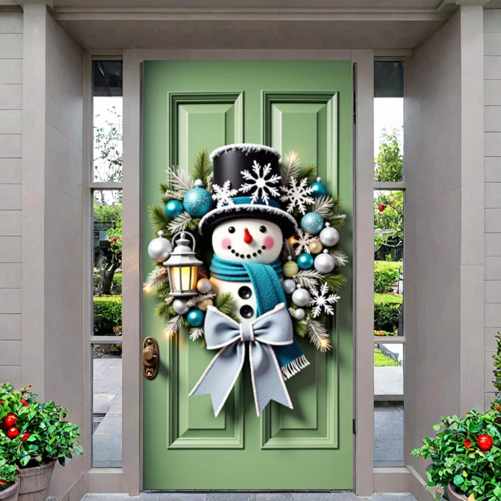 Snowman Wreath Green Lining For Christmas Doors Xmas Outdoor Decoration Door Cover For Front Door Home Christmas Party Supplies