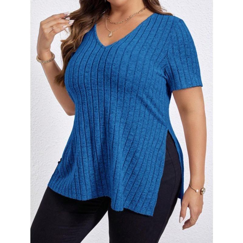 Summer Women's T-shirt Solid Colour Plus Size Women's Tops V-neck Pit Stripes Short-sleeved Open Sleeve Pullover T-shirt