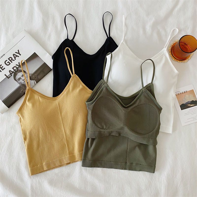 V-neck Suspender Top Women's Chest Pad Solid Color with Short Sleeveless Halter Sexy Tank Top