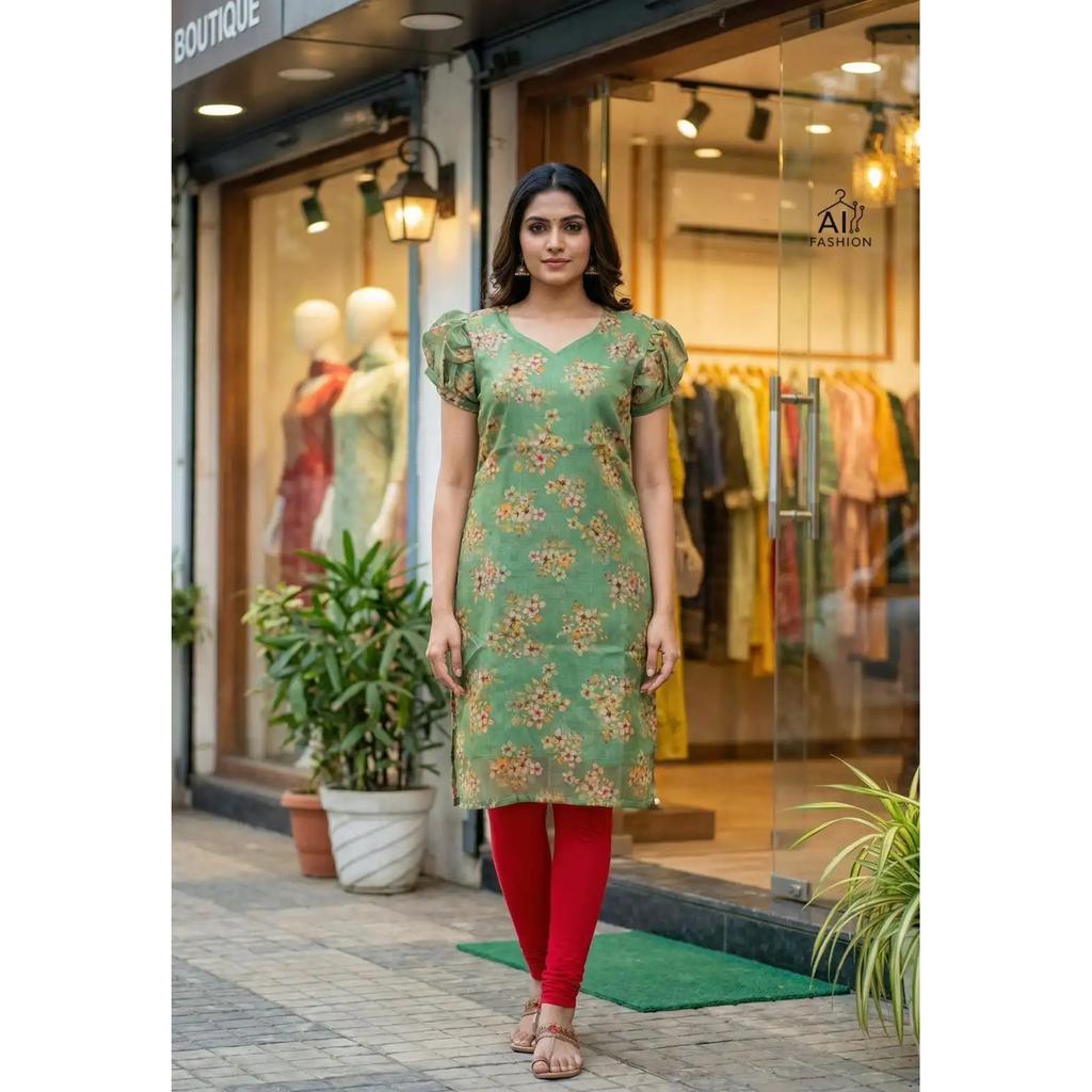 Floral Printed Simmer Silk Kurta Indian Women Daily Wear Top Tunic Kurti Dress