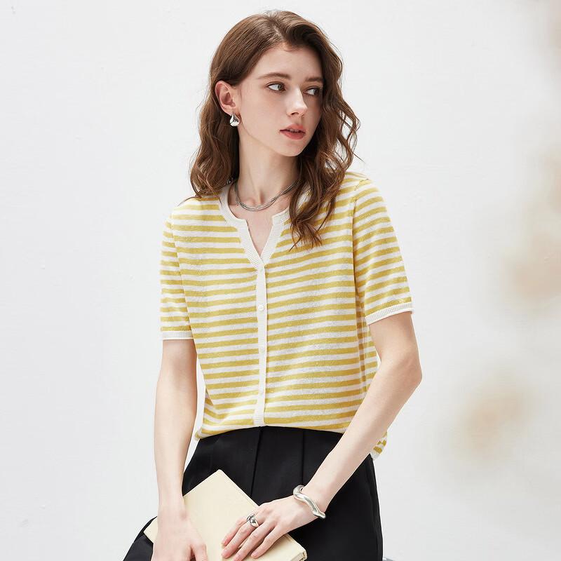 

Women s Linen Blend Striped Short Sleeve Knit Top