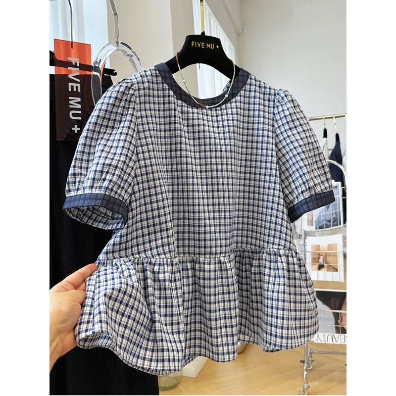 2025 Sommer Koreanisches Leichter Luxus Retro Karomuster Rundhalsausschnitt Kurzarm Locker Puppenoberteil für Damen