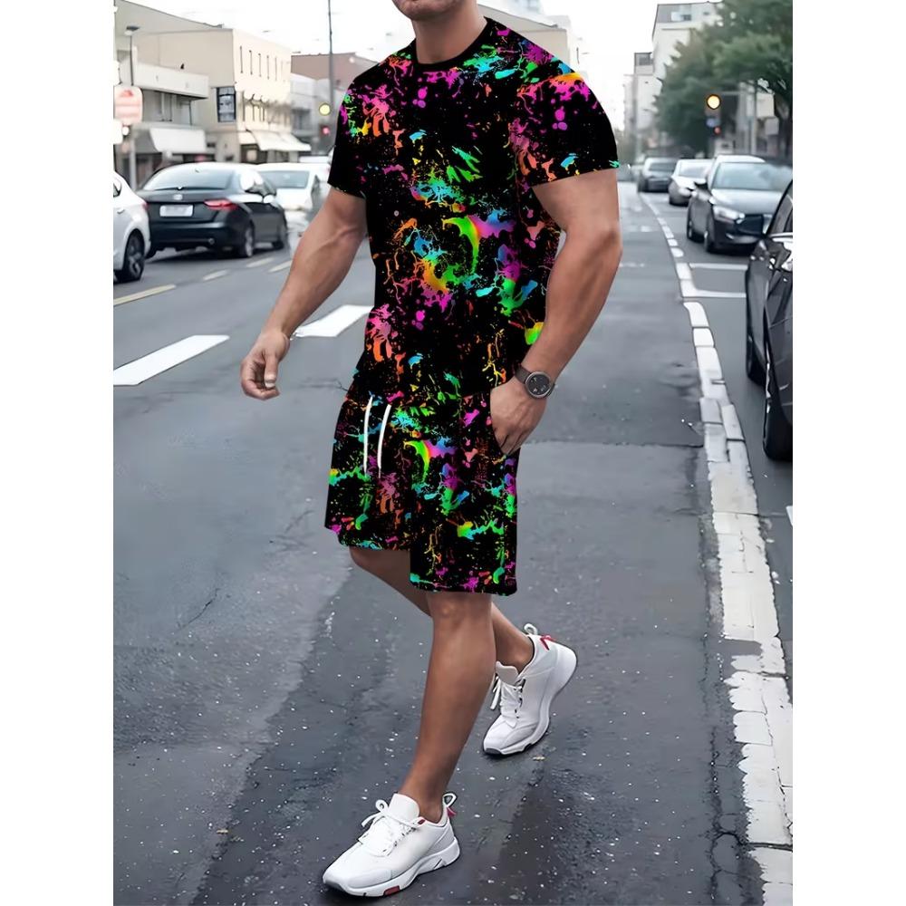 

Colorful Graffiti 3D Print Tracksuits Men s Women Casual Short Sleeve T-Shirt Shorts Sets 2pcs Sportswear Suits Man s Clothing S