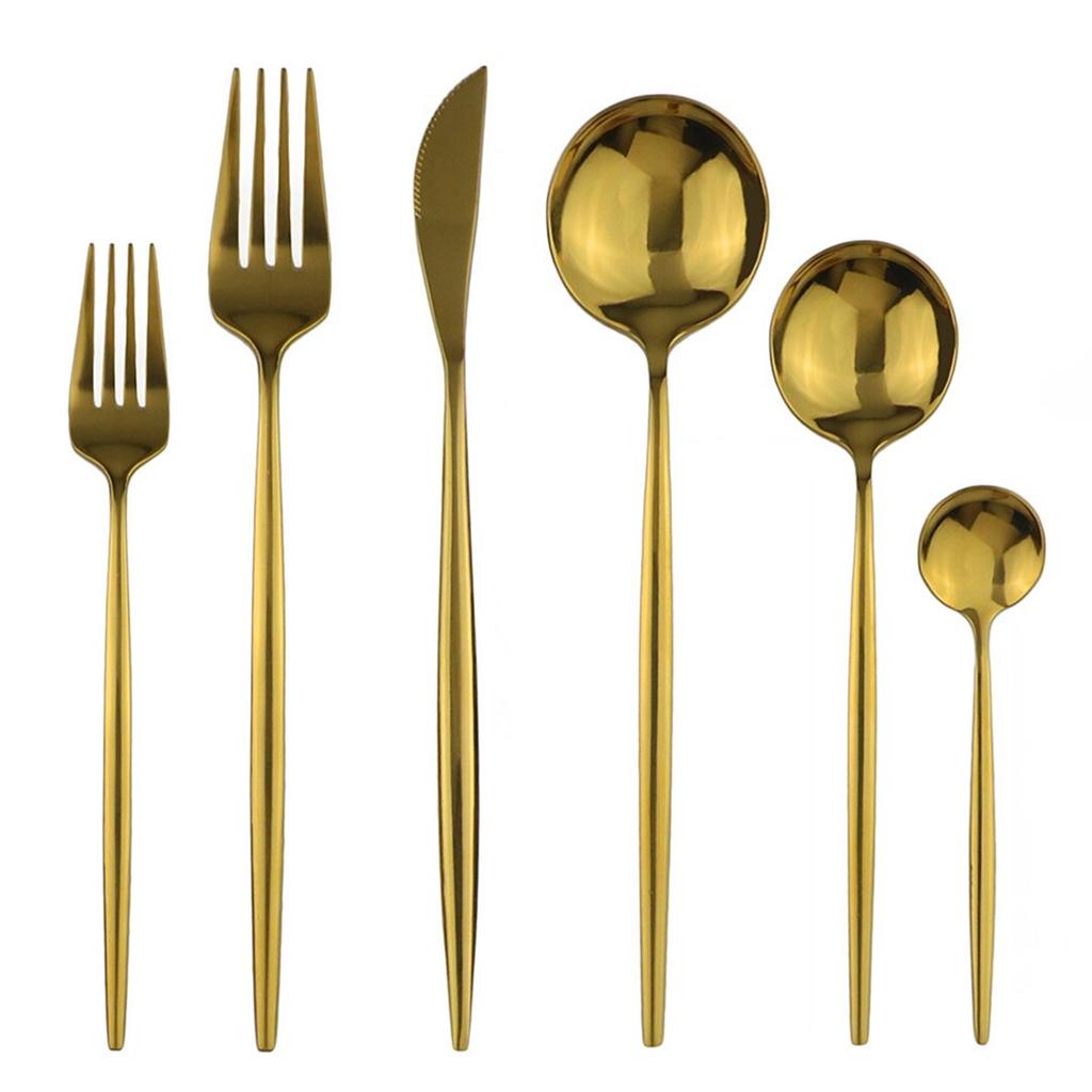6Pcs One Set Mirror Stainless Steel Cutlery Set Gold Kitchen Tableware Set Knife Fork Spoon Dinner Set Silverware Dinnerware Set