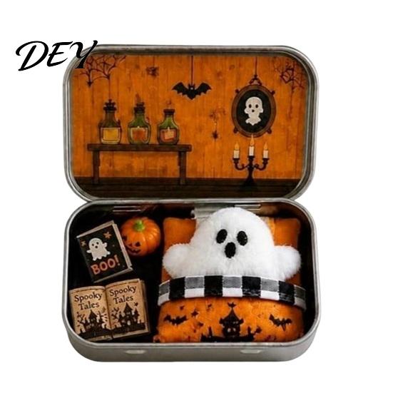 Festive Desktop Ornament Mini Ghost Tin Box Set, Little Pocket Cute in A Box, Kids Halloween Party Favor Miniature Scene Spooky Decor, Gifts for Boys