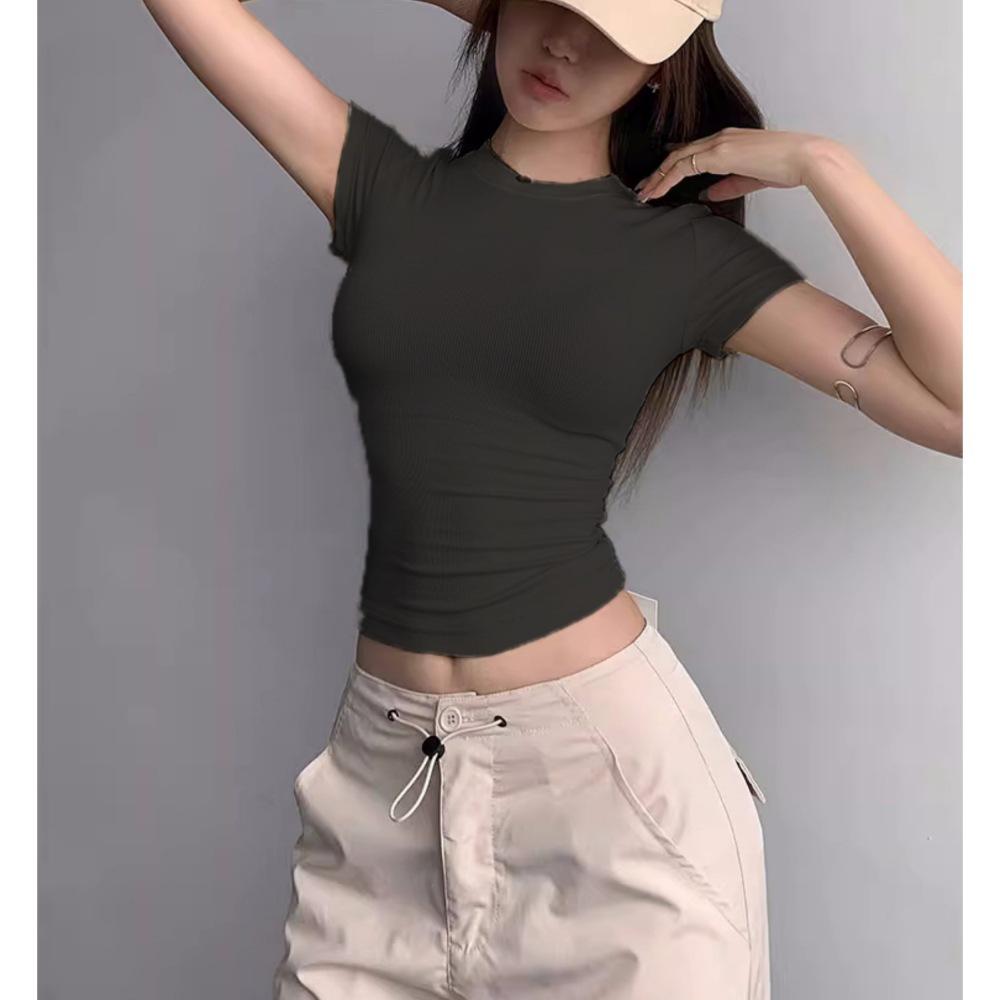 Cross-border Sexy Ribbed Short-Sleeve Women's T-Shirt: Form-Fitting, Round Neck, Solid Color